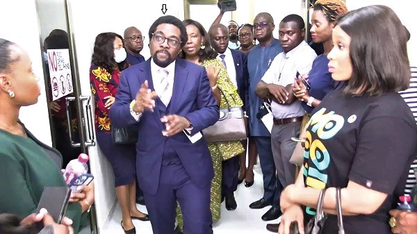 Dr Derrick Edem Akpalu (arrowed), CEO, Revna Biosciences Limited, taking dignitaries round the facility Dr Derrick Edem Akpalu (arrowed), CEO, Revna Biosciences Limited, taking dignitaries round the facility